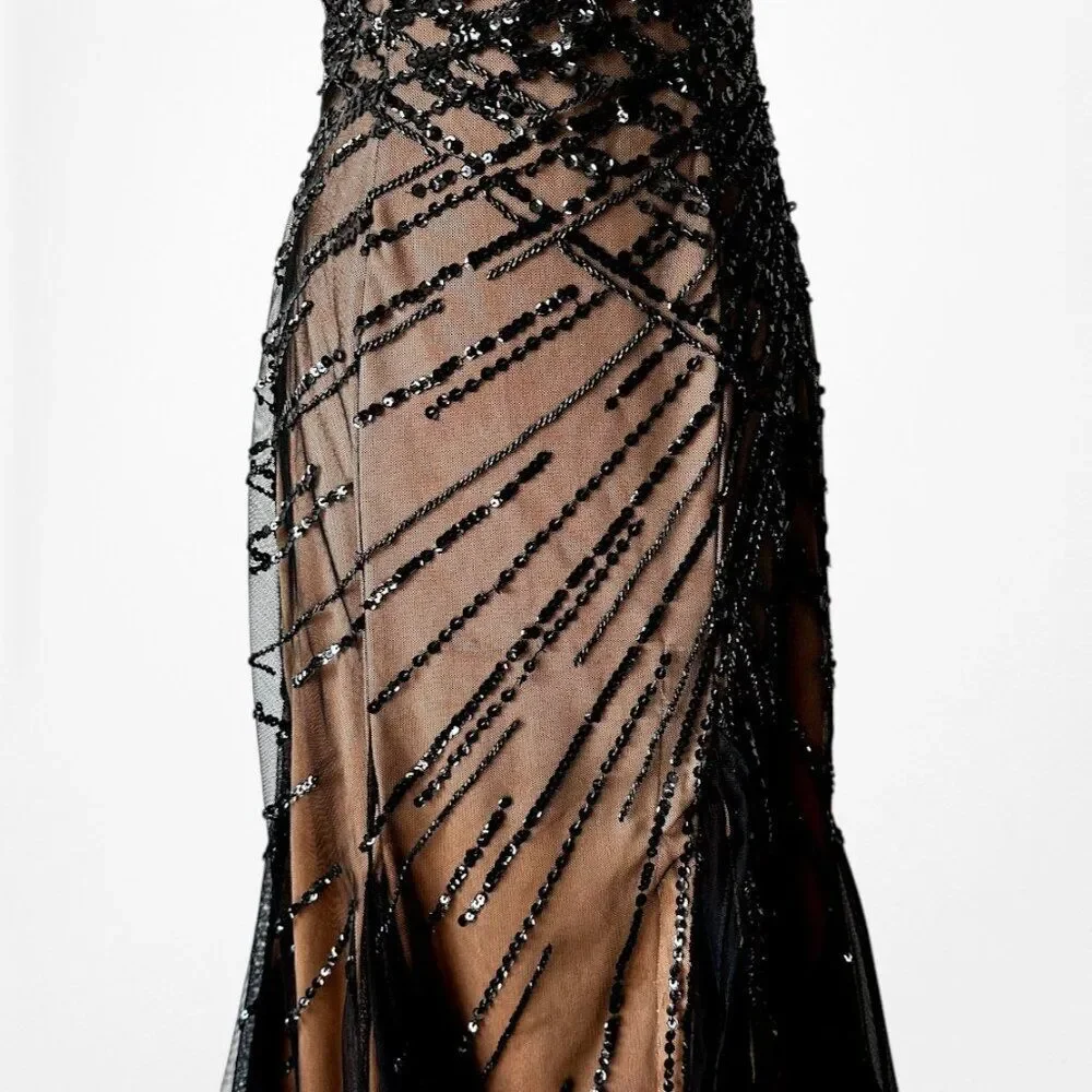 Vintage Y2K Brown Black Beaded Mesh Maxi Bodycon Side Slit Prom Dress Size M/L